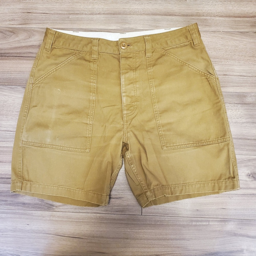 Topo Designs Mens 32 Organic Cotton Carpenter Shorts Khaki Button Fly 6in Inseam